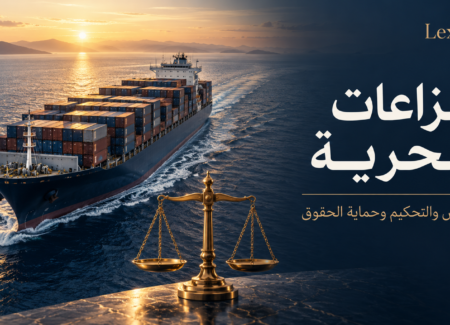 تصميم النزاعات البحرية من LexArb يجمع سفينة شحن وميزان العدالة بعنوان التعويض والتحكيم وحماية الحقوق