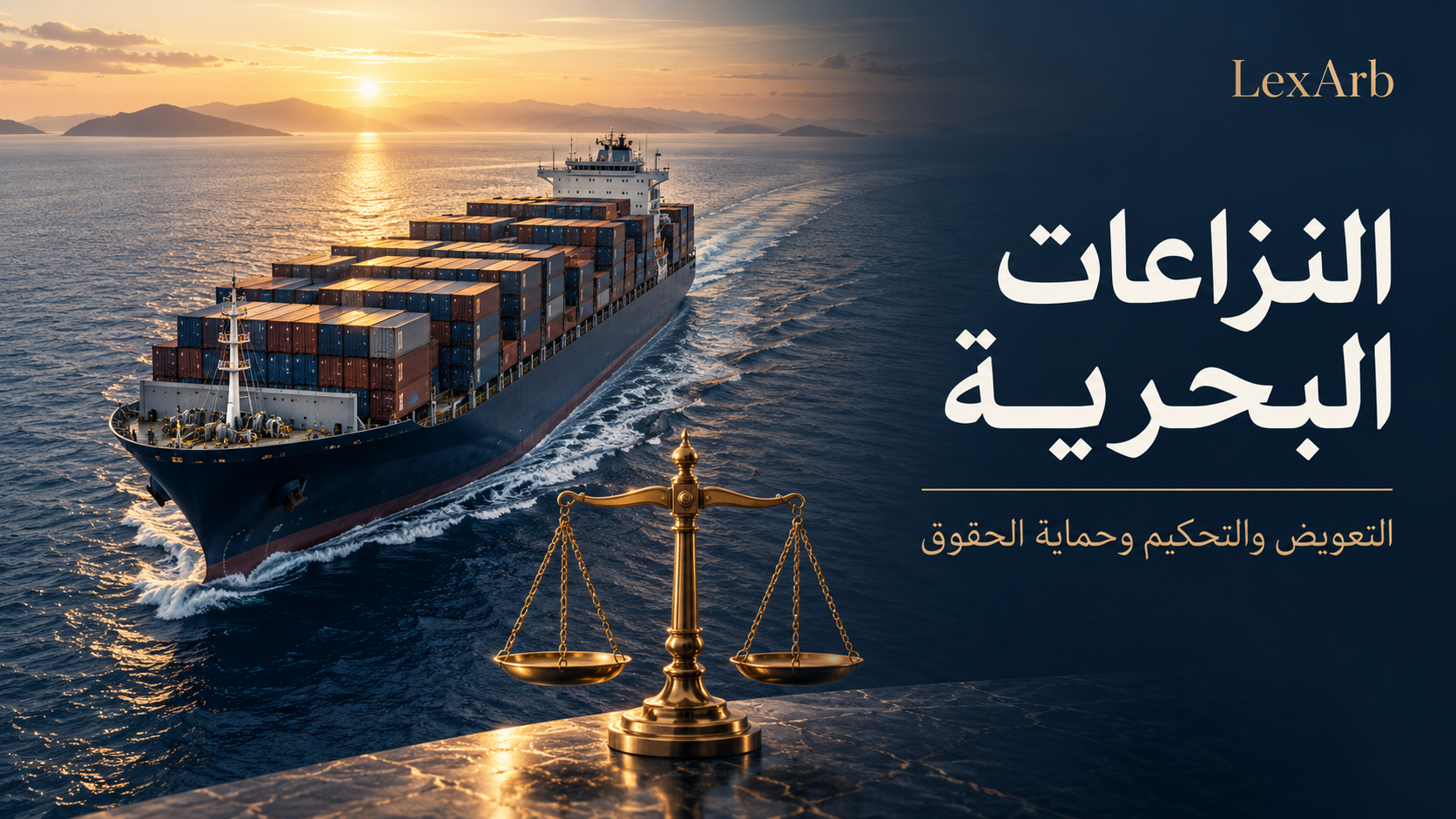 تصميم النزاعات البحرية من LexArb يجمع سفينة شحن وميزان العدالة بعنوان التعويض والتحكيم وحماية الحقوق